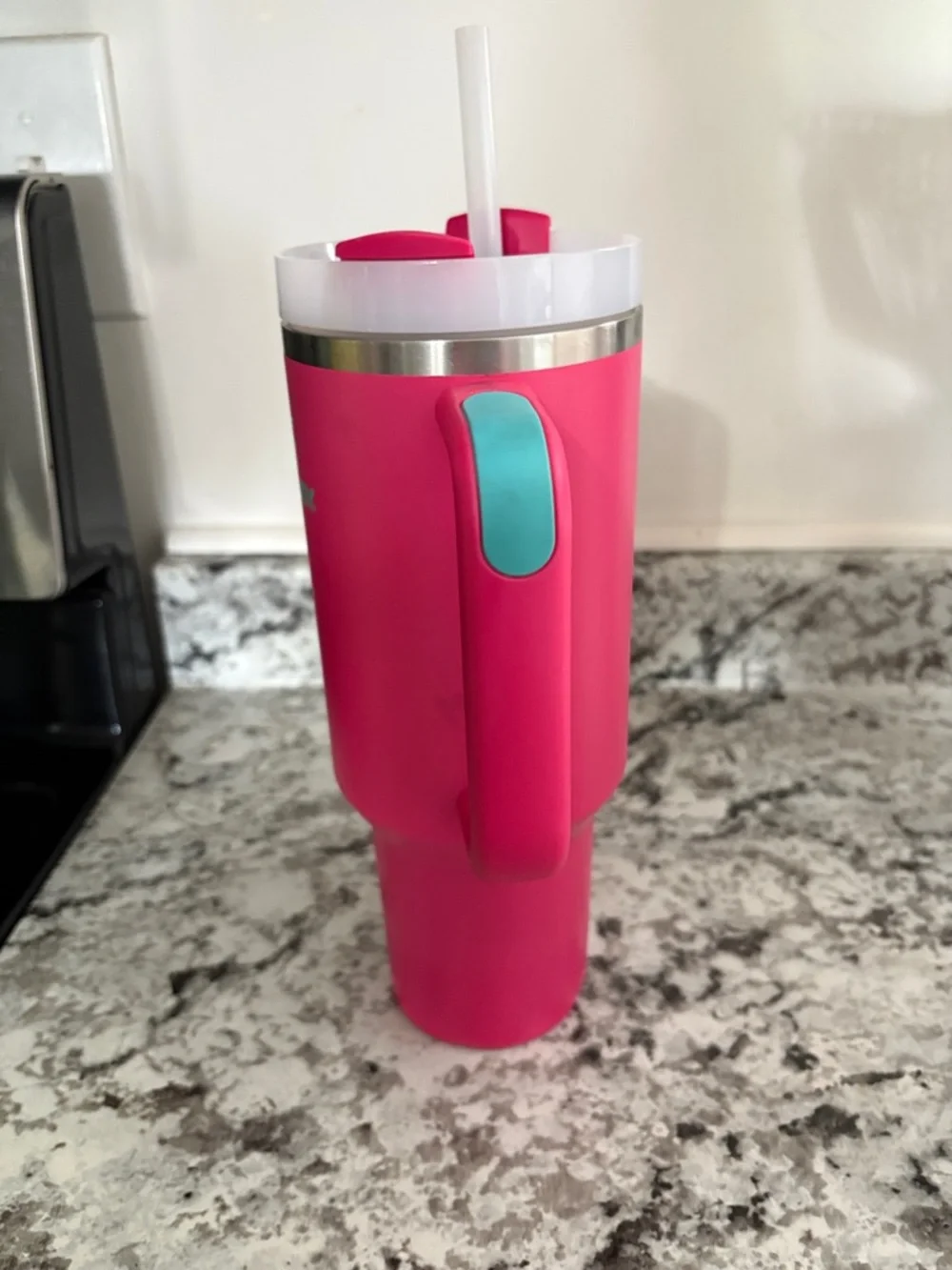 Stanley Hot Pink Travel Mug with Teal Logo and Handle Accents - Picture 4 of 8
